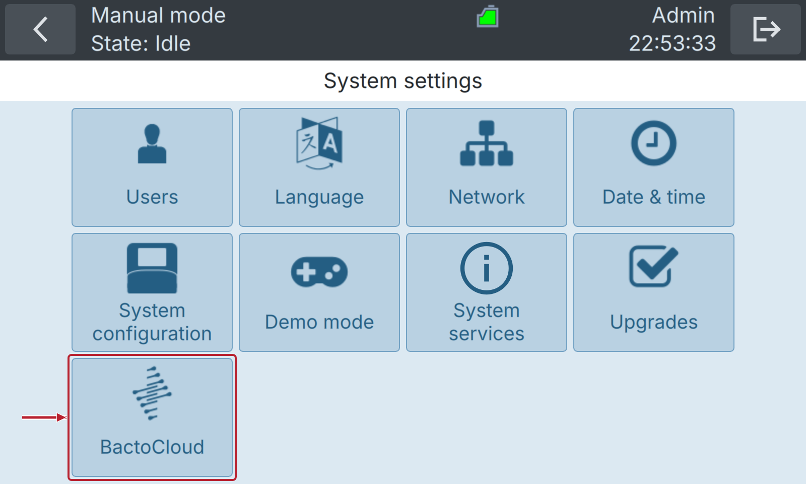 BactoSense — System settings menu: BactoCloud