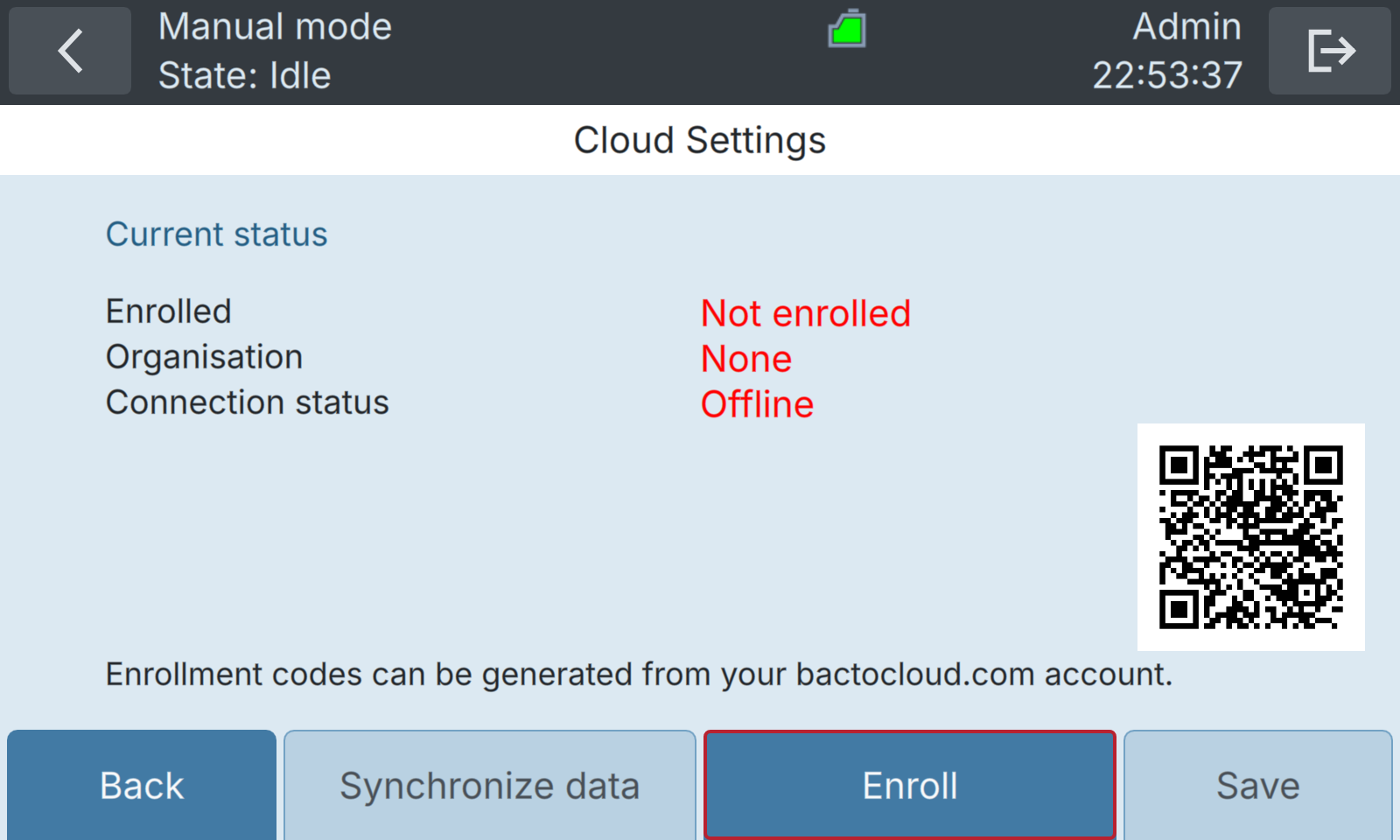 BactoSense — BactoCloud enrolment settings