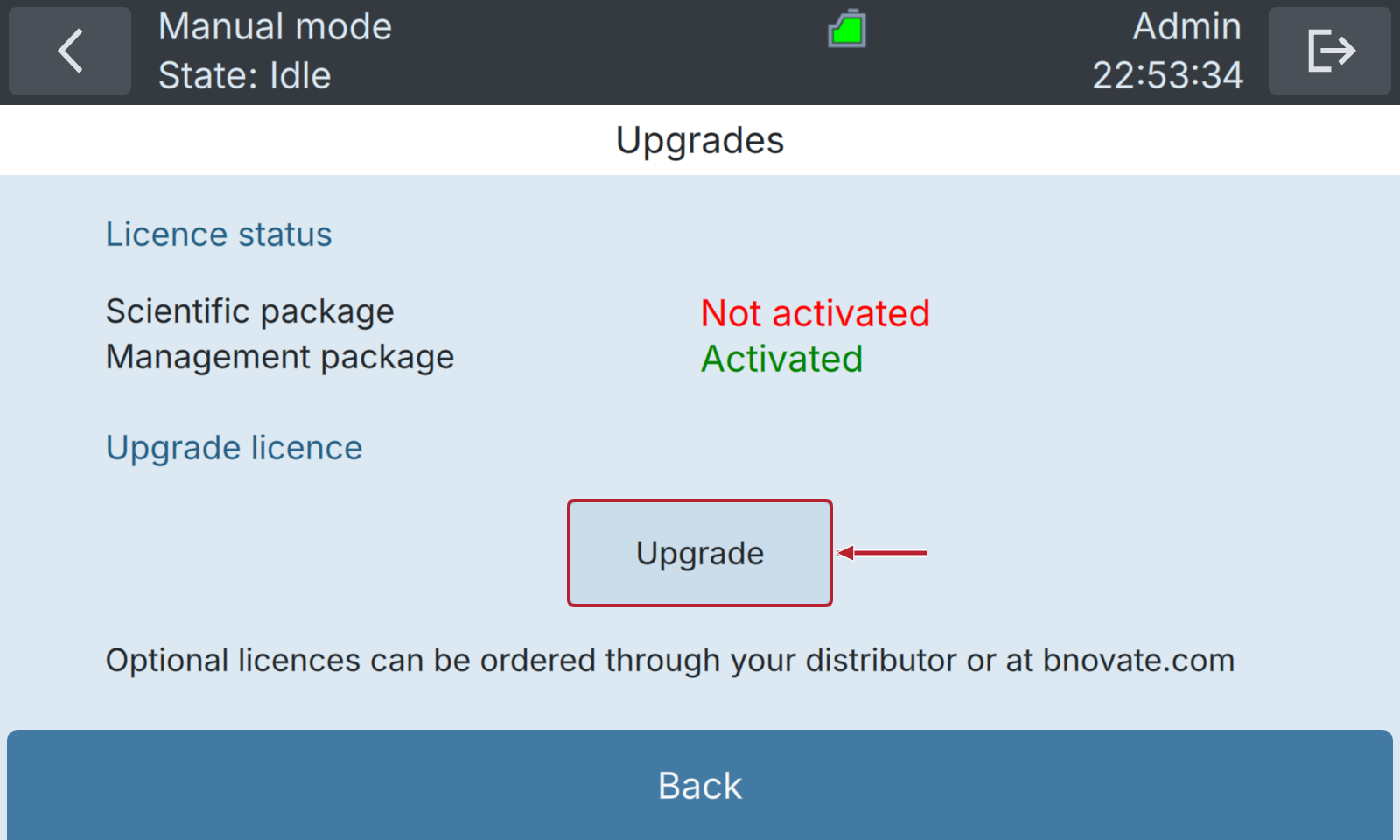 BactoSense — Scientific Package licence and Upgrade button