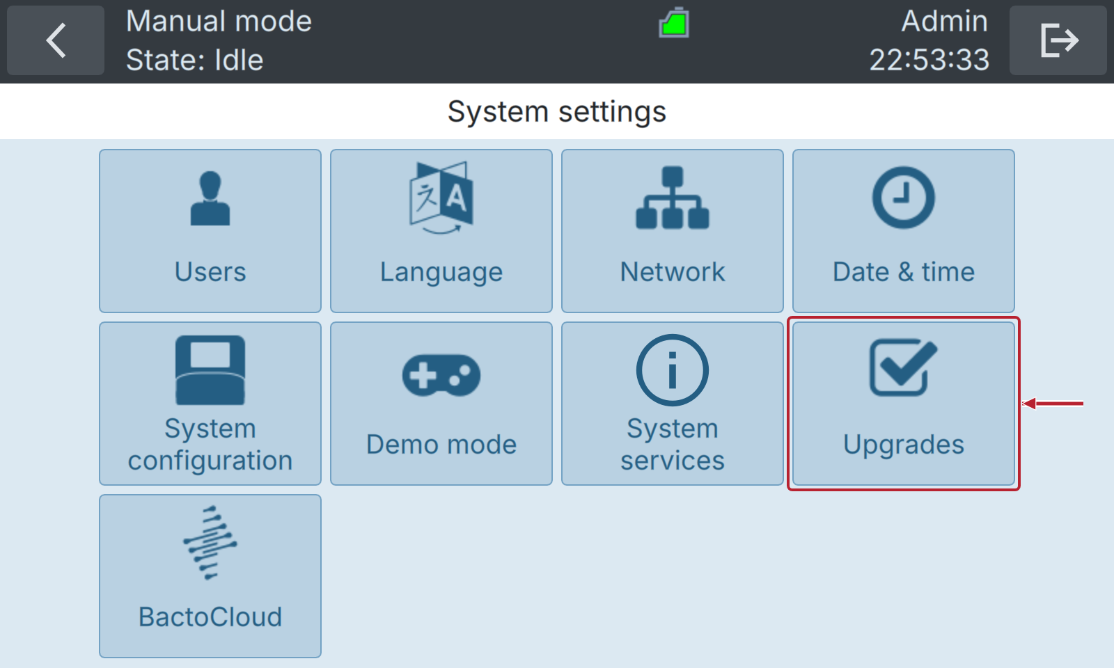 BactoSense — System settings menu: Upgrades