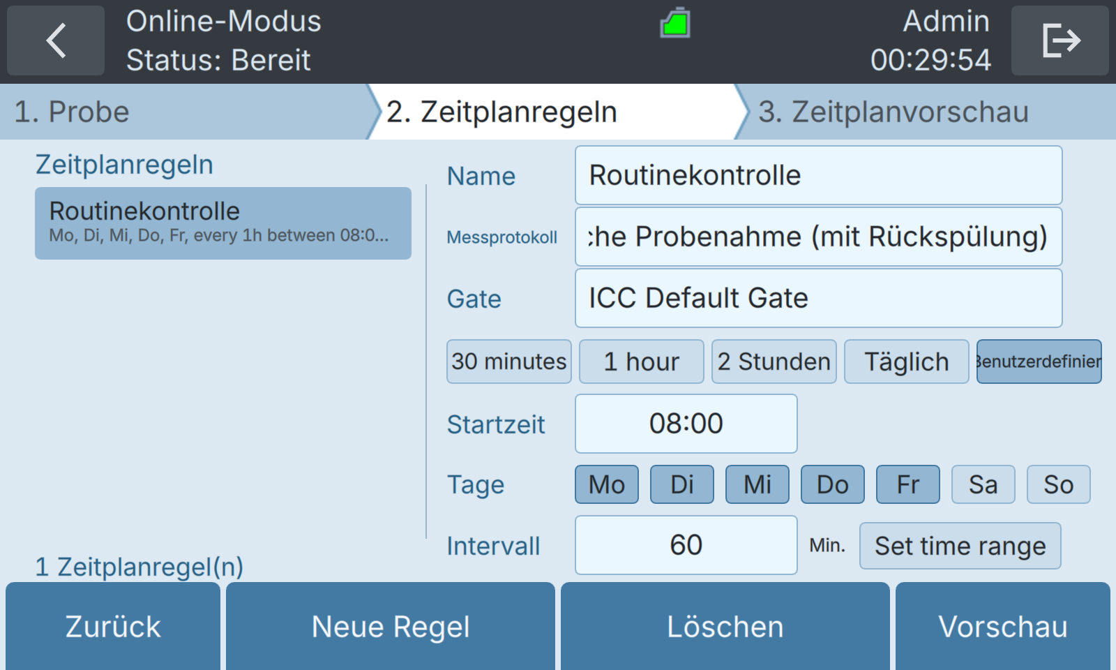 BactoSense — Benutzerdefinierte Regel für Wochentage