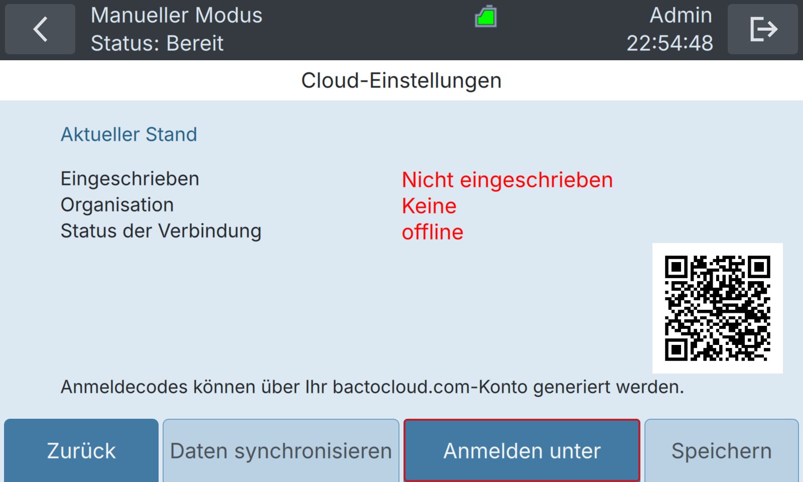 BactoSense — BactoCloud-Registrierungseinstellungen