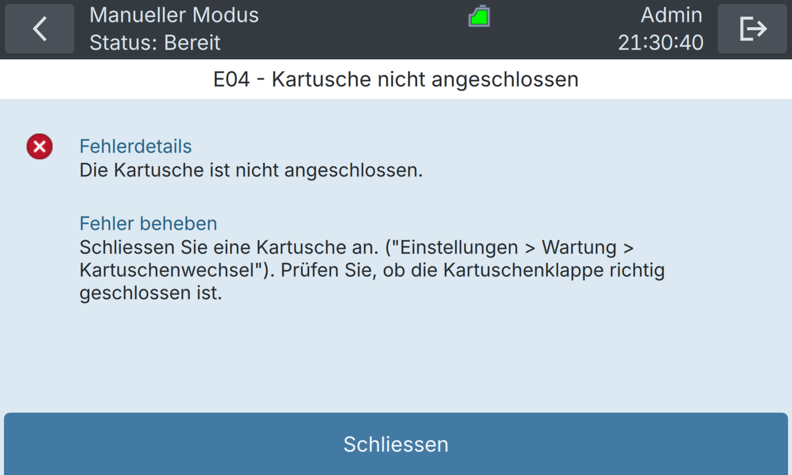 BactoSense — Kritischer Fehler: fehlende Kartusche