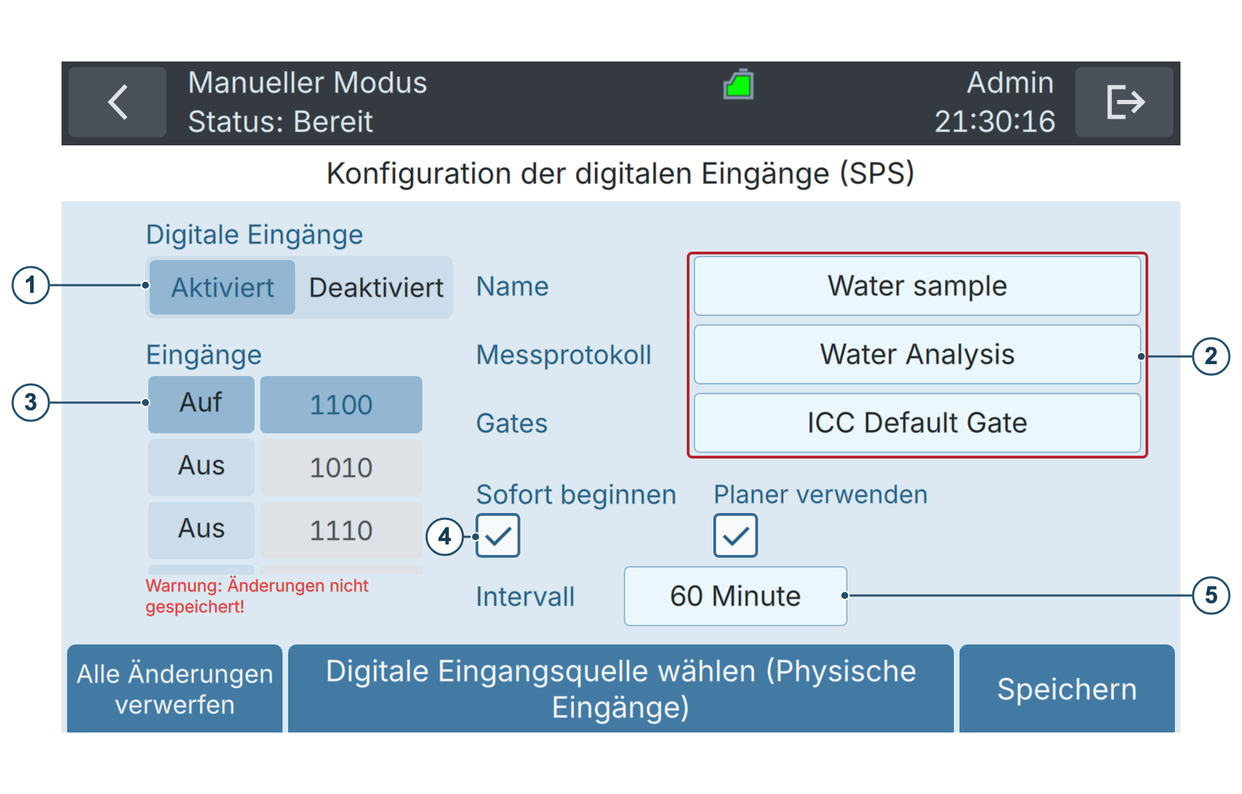 BactoSense — Konfiguration der Digitaleingänge
