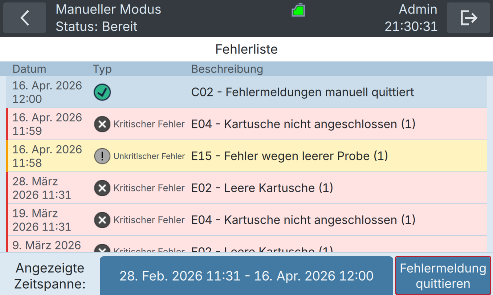 BactoSense — Fehler löschen