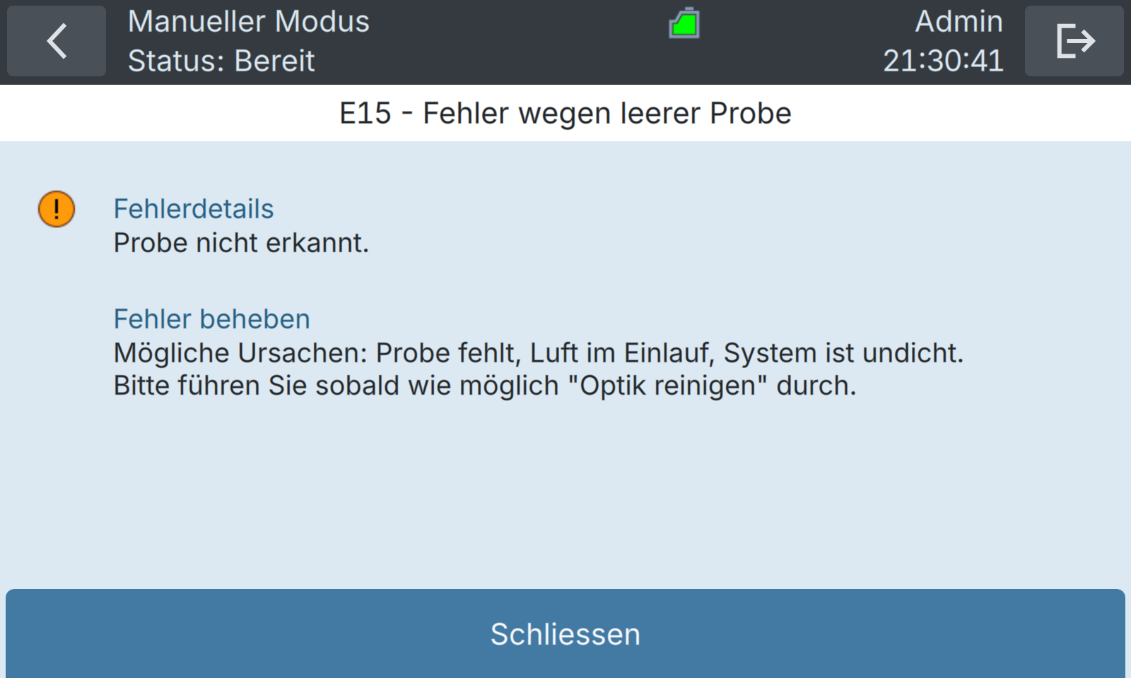 BactoSense — Unkritischer Fehler: leere Probe
