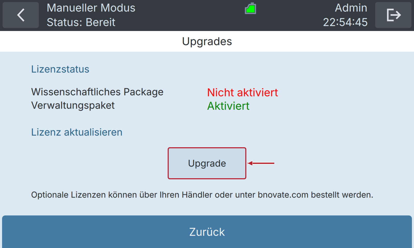 BactoSense — Scientific-Package-Lizenz und Upgrade-Taste