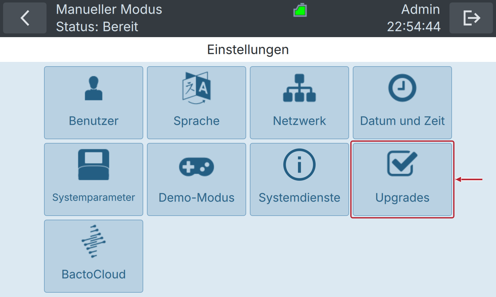 BactoSense — Systemeinstellungen: Upgrades