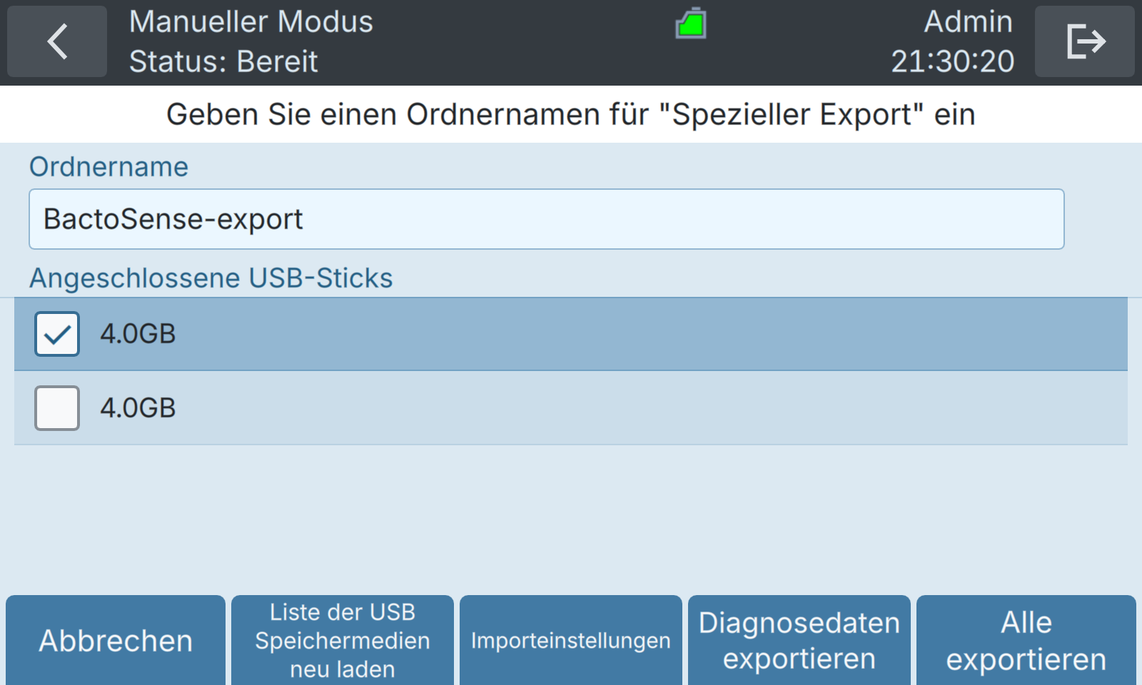 BactoSense — USB-Import und -Export