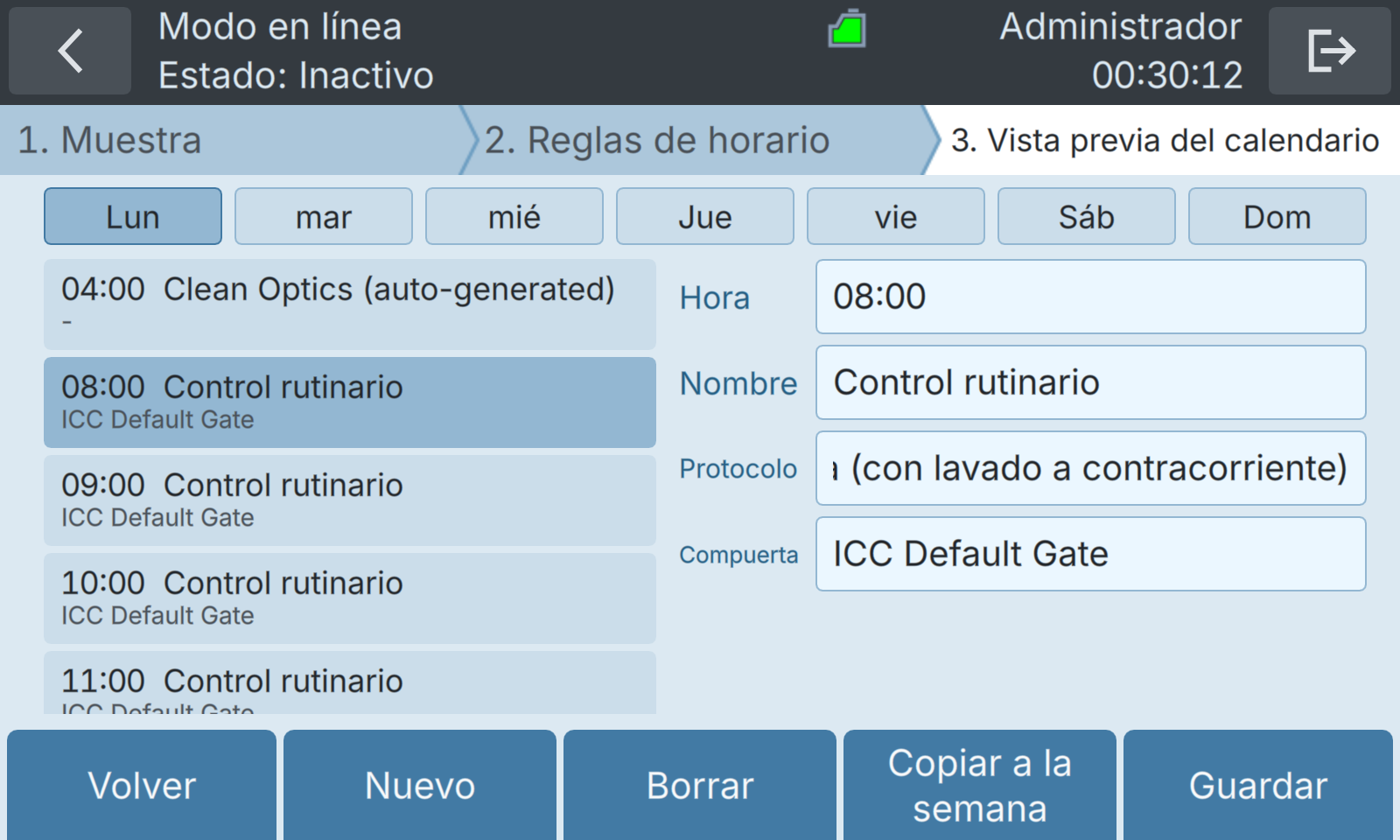 BactoSense — Vista previa semanal con una entrada seleccionada