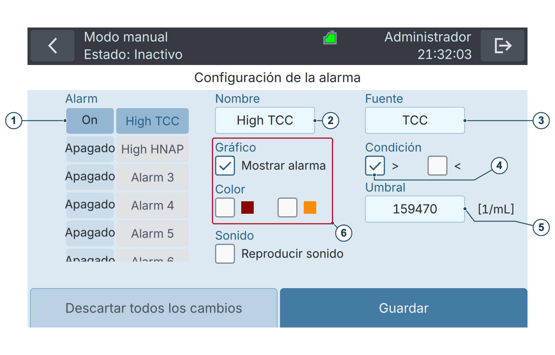 BactoSense — Configuración de alarmas