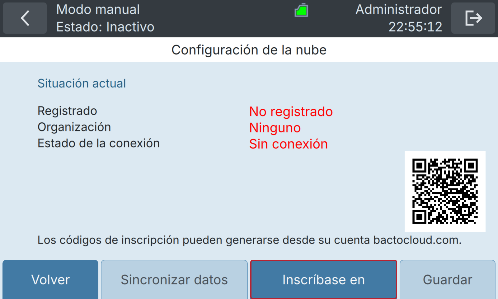BactoSense — Ajustes de inscripción en BactoCloud