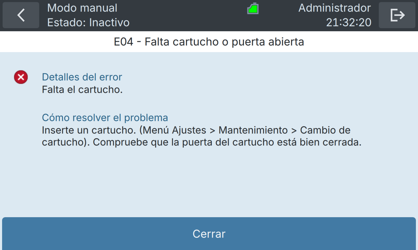 BactoSense — Error crítico: cartucho ausente