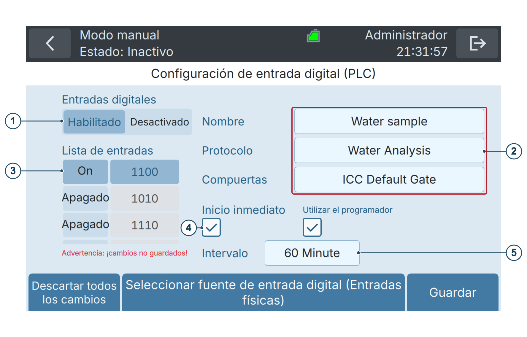 BactoSense — Configuración de entradas digitales