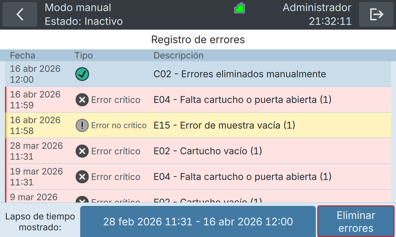 BactoSense — Borrar errores