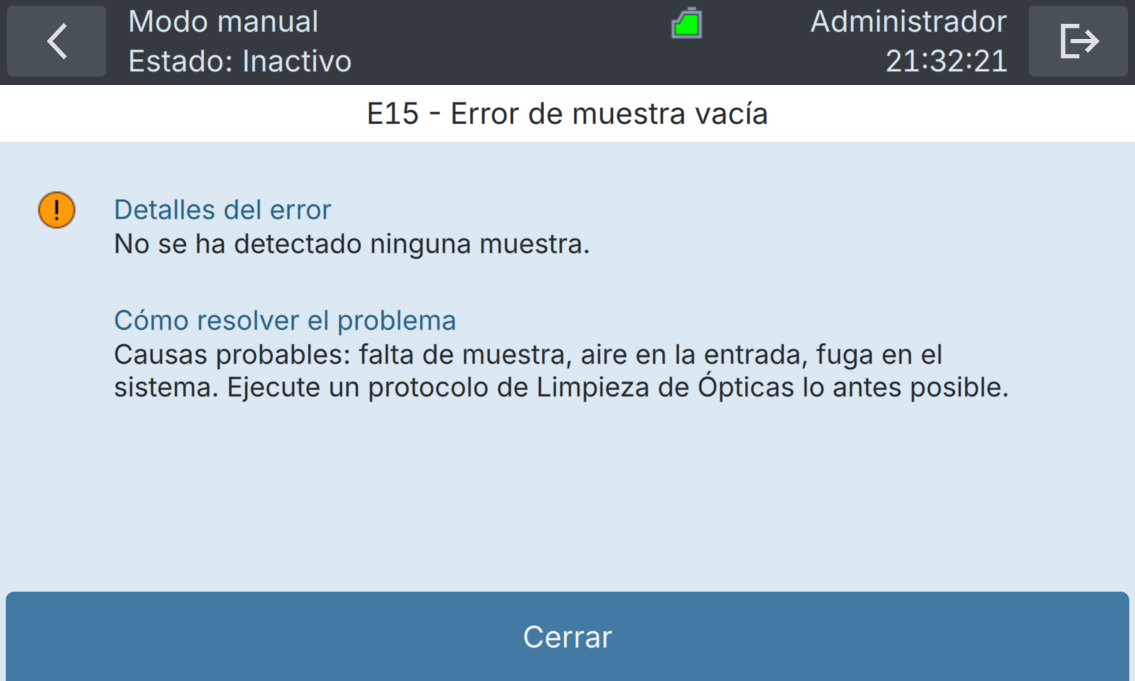 BactoSense — Error no crítico: muestra vacía