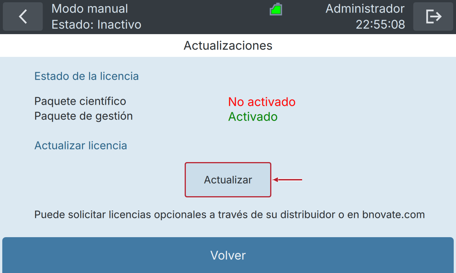 BactoSense — Licencia del paquete Scientific y botón Actualizar