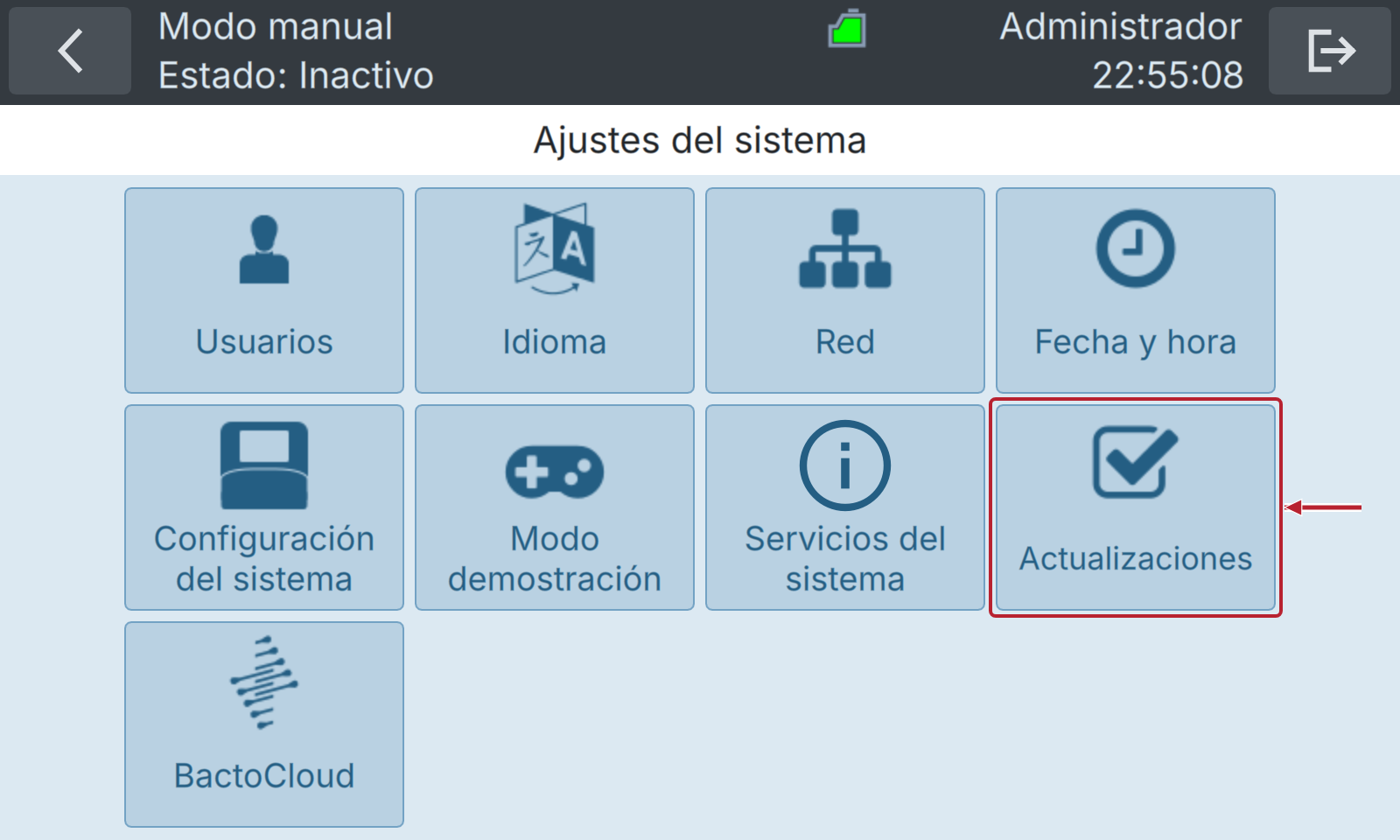 BactoSense — Ajustes del sistema: Actualizaciones