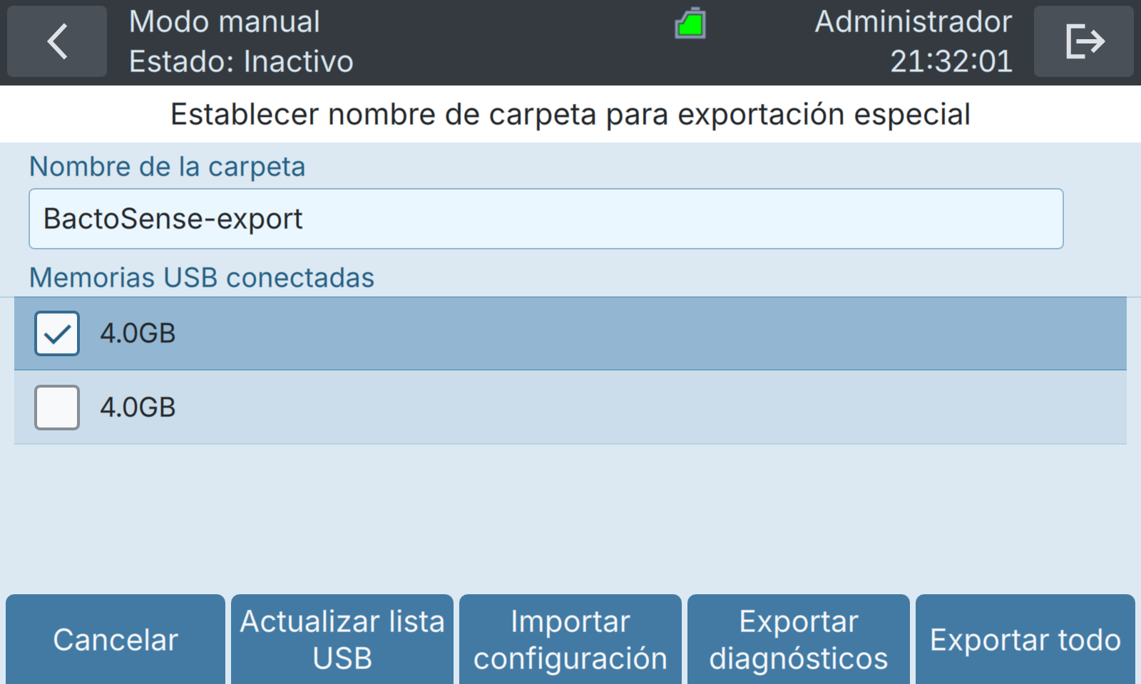 BactoSense — Importación y exportación USB