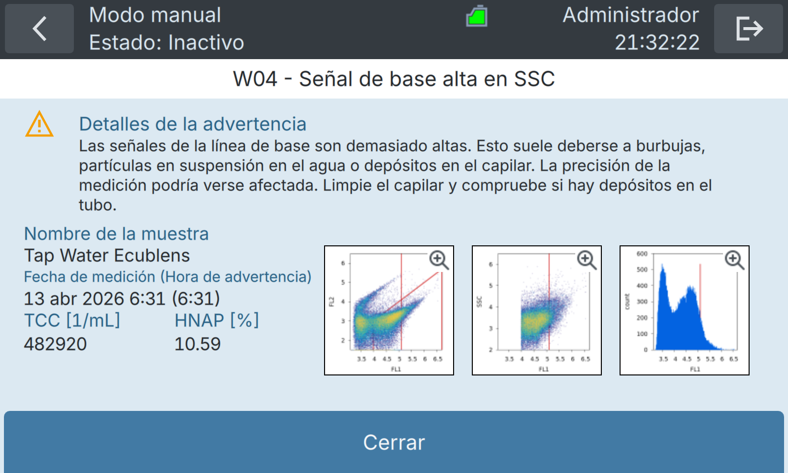 BactoSense — Advertencia de señal basal alta en SSC