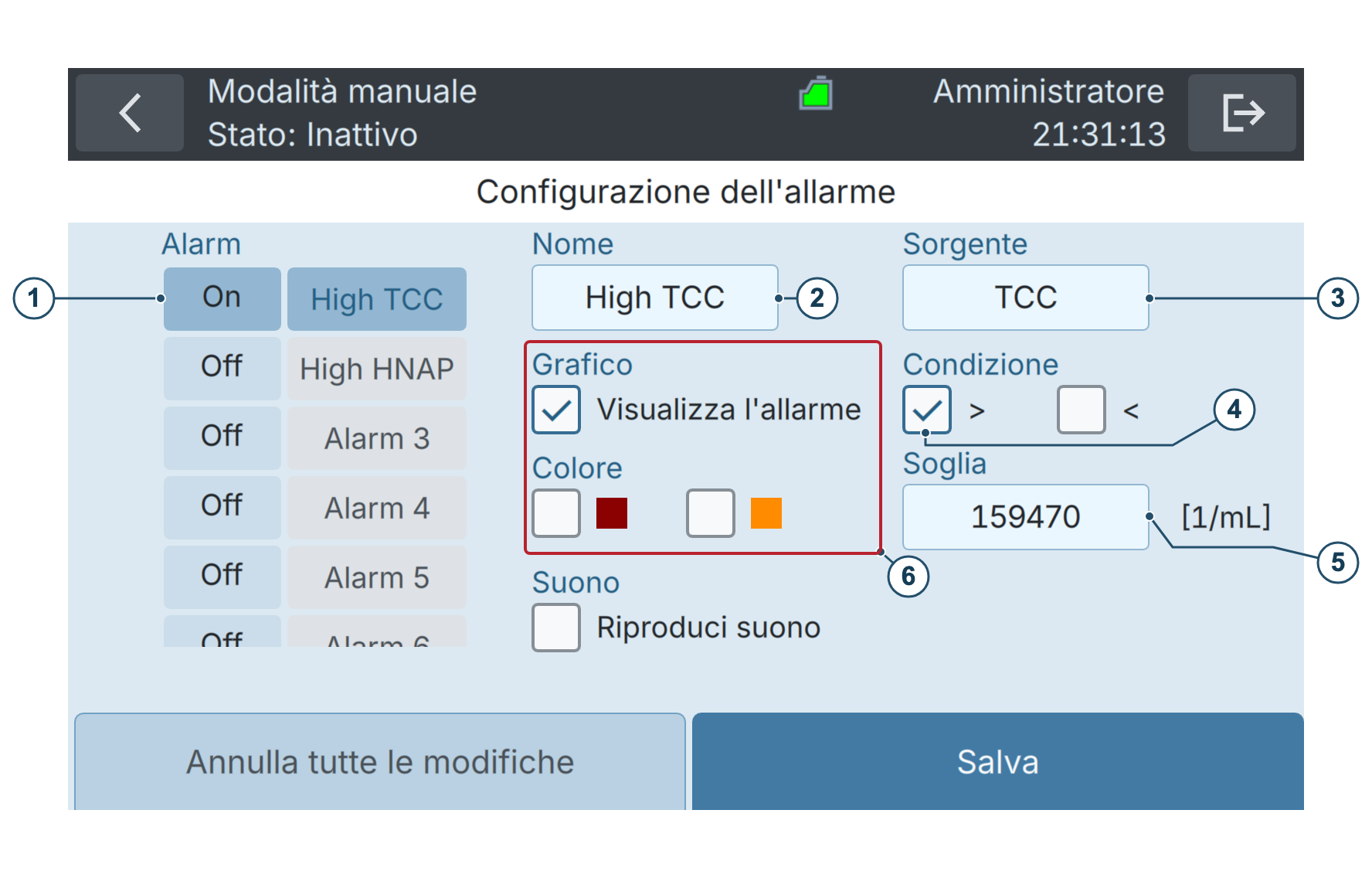 BactoSense — Configurazione degli allarmi