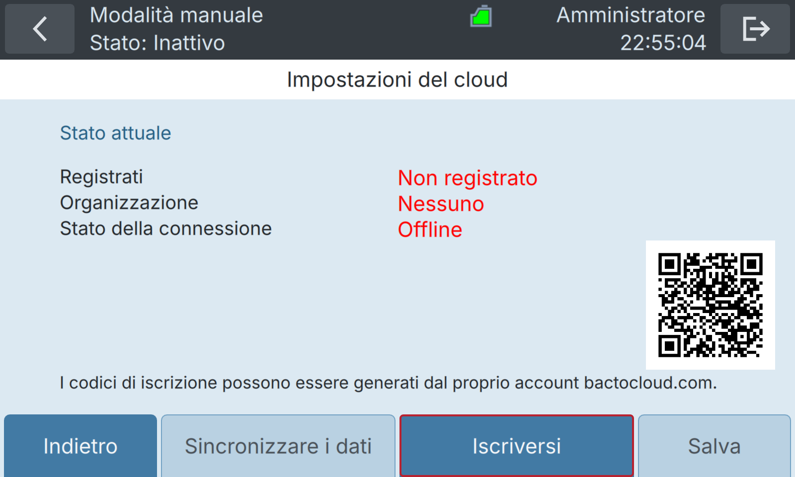 BactoSense — Impostazioni di registrazione a BactoCloud