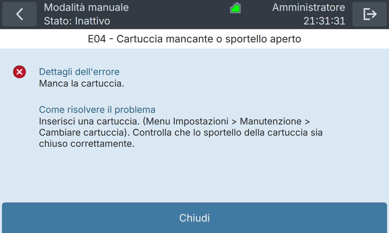 BactoSense — Errore critico: cartuccia assente