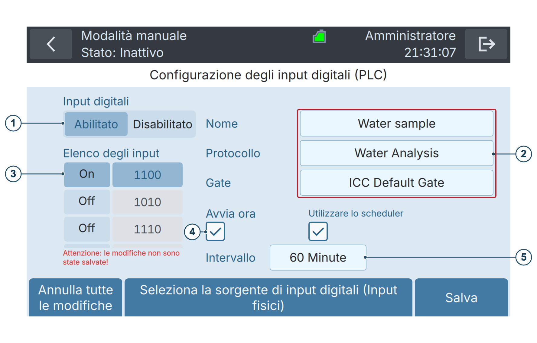 BactoSense — Configurazione degli ingressi digitali