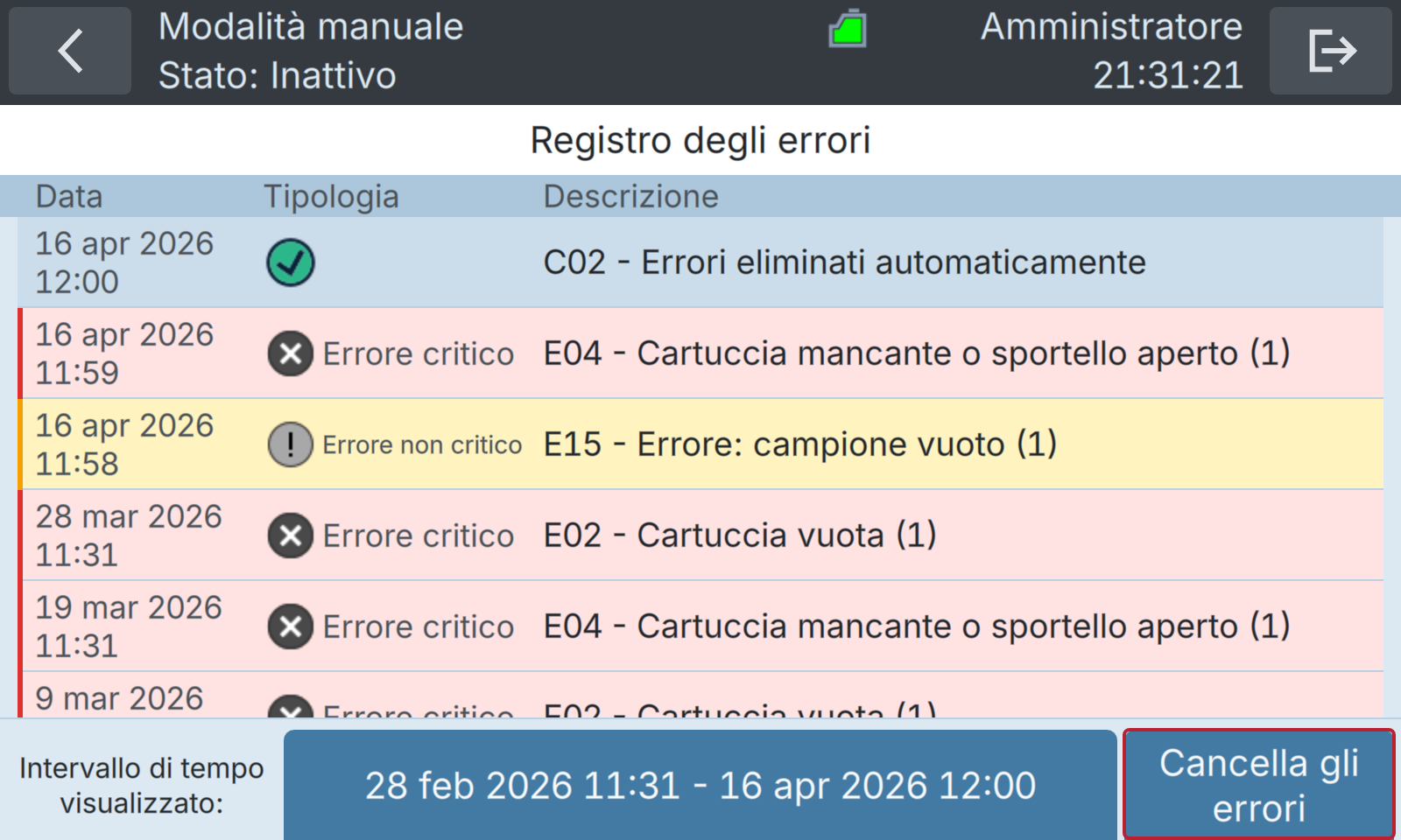 BactoSense — Cancella errori