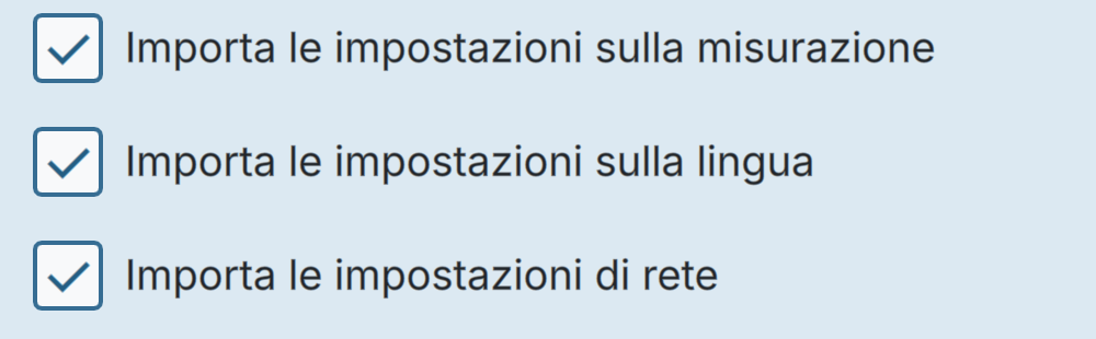 BactoSense — Opzioni di importazione delle impostazioni