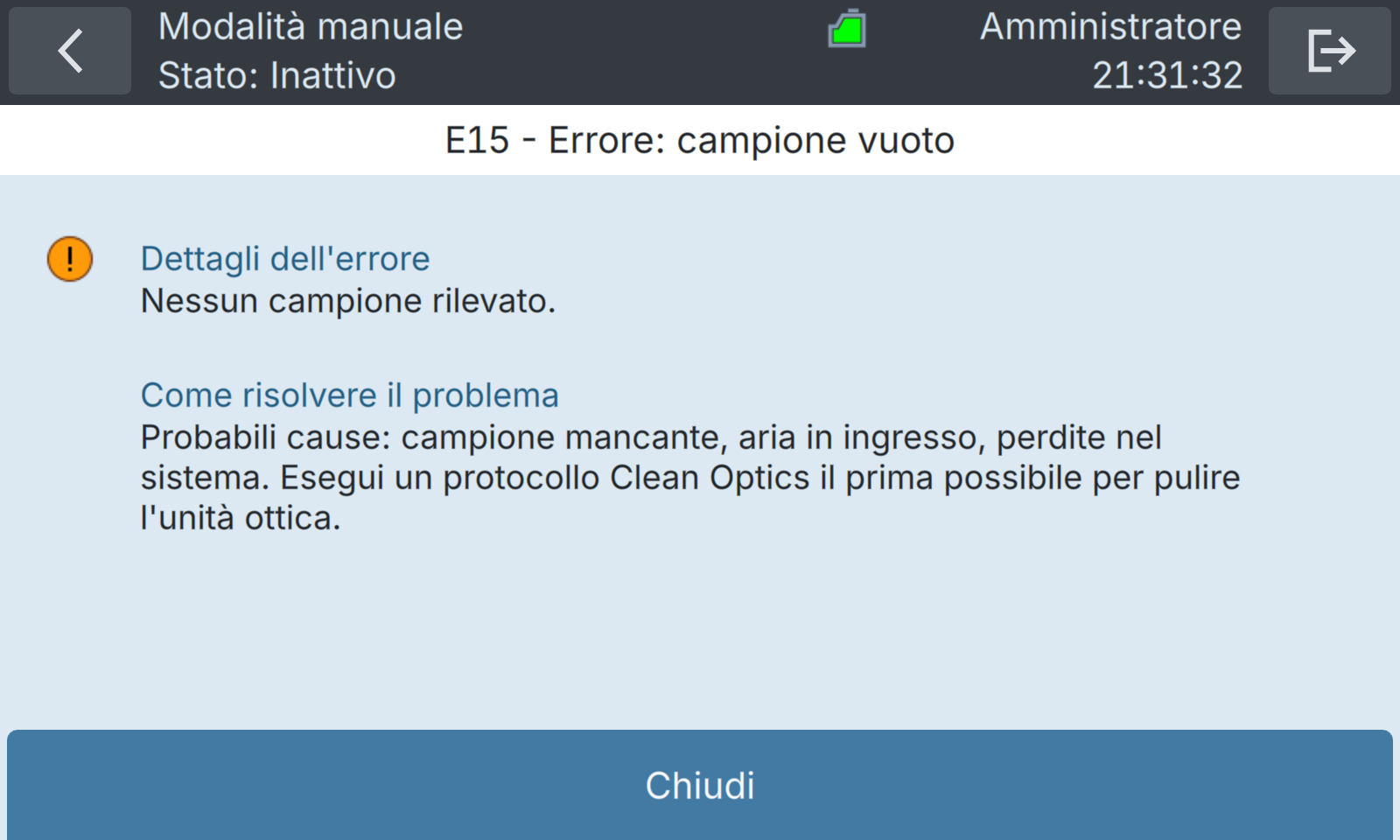 BactoSense — Errore non critico: campione vuoto