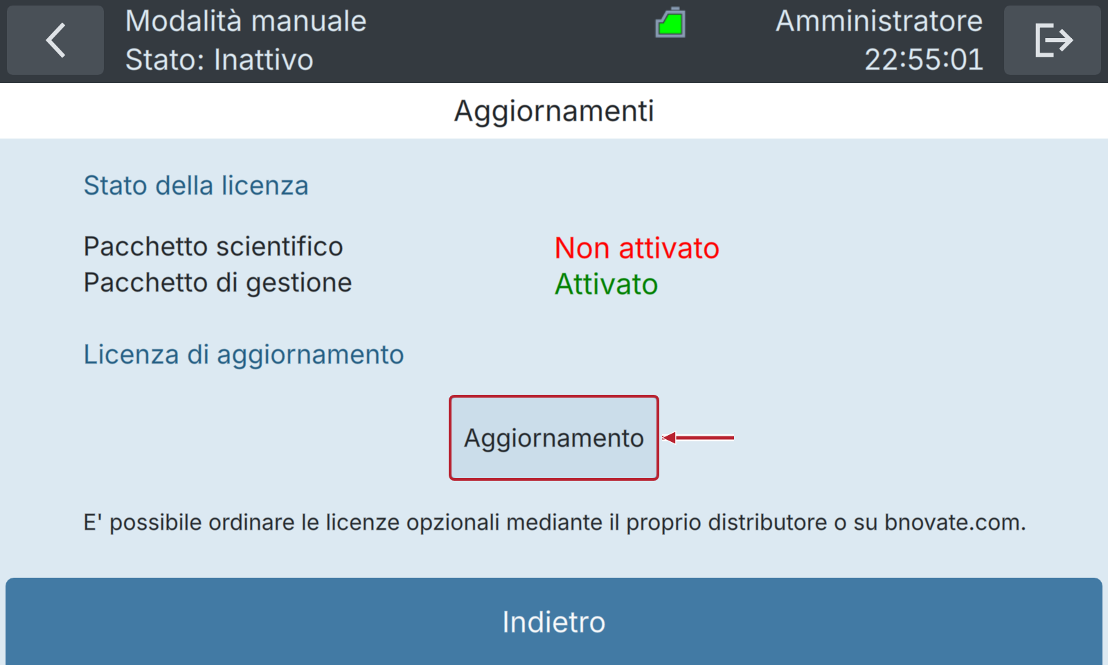 BactoSense — Licenza del pacchetto Scientific e pulsante Aggiornamento