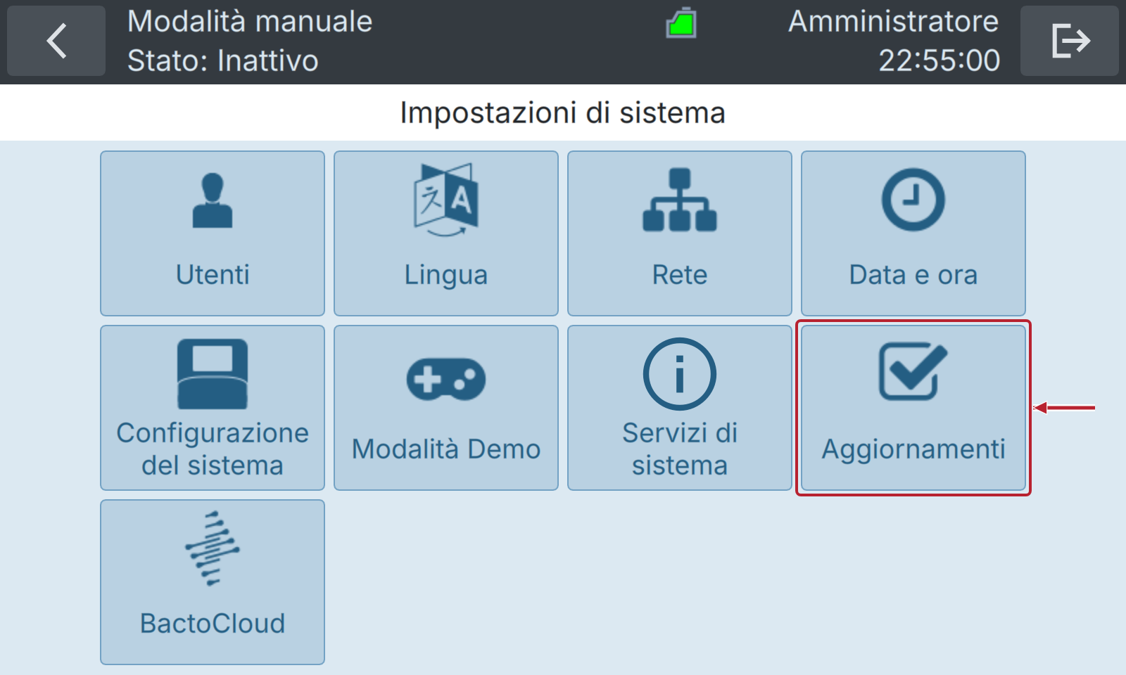 BactoSense — Impostazioni di sistema: Aggiornamenti