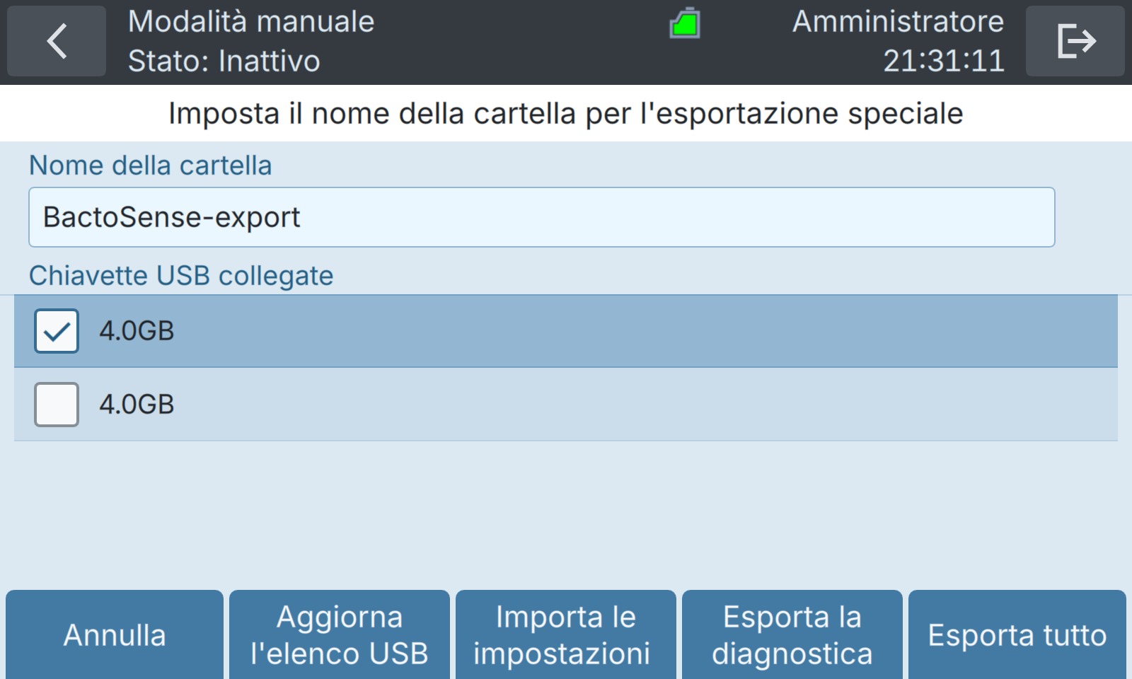 BactoSense — Importazione ed esportazione USB